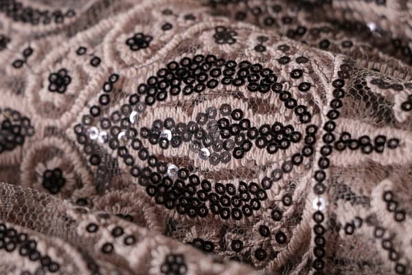 Beige, Black Polyester Sequins fabric for dressmaking