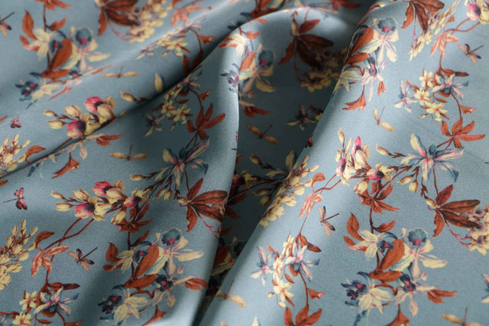Blue, Brown Silk Crêpe Satin fabric for dressmaking