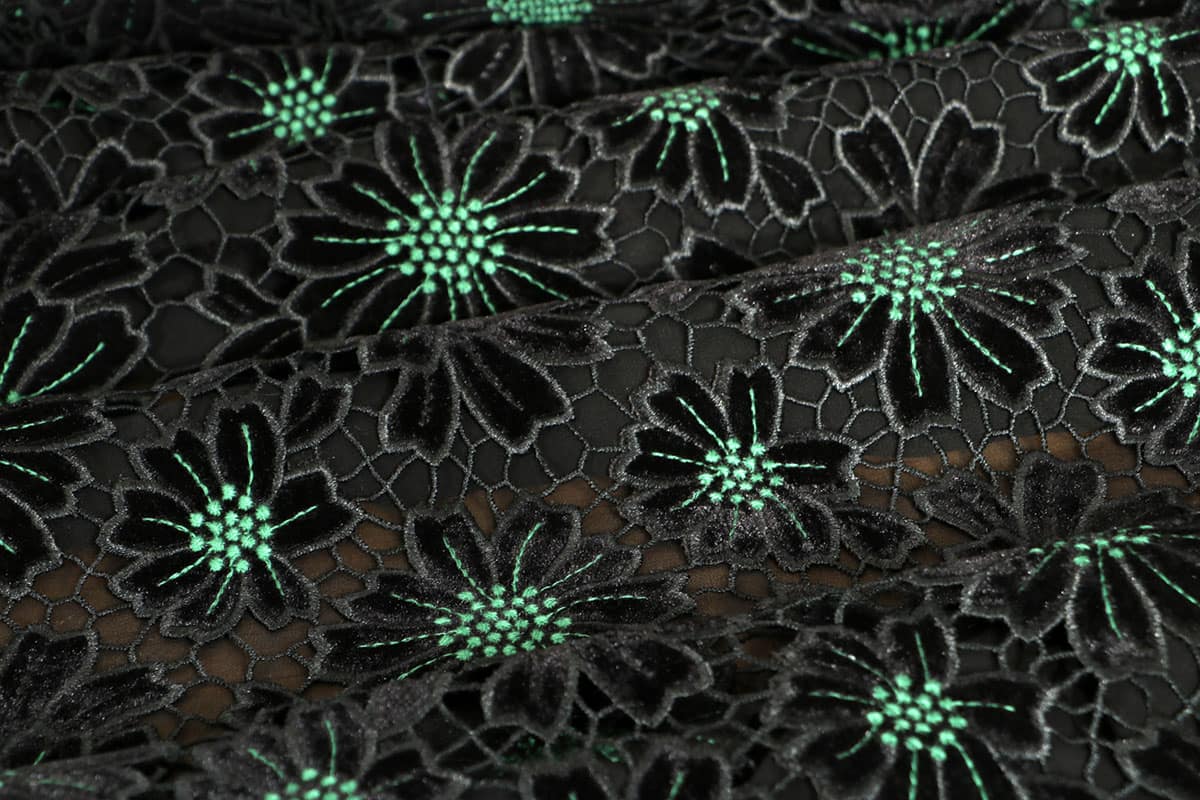 Elegant black velvet with perforated black and green flora embroidery | new tess