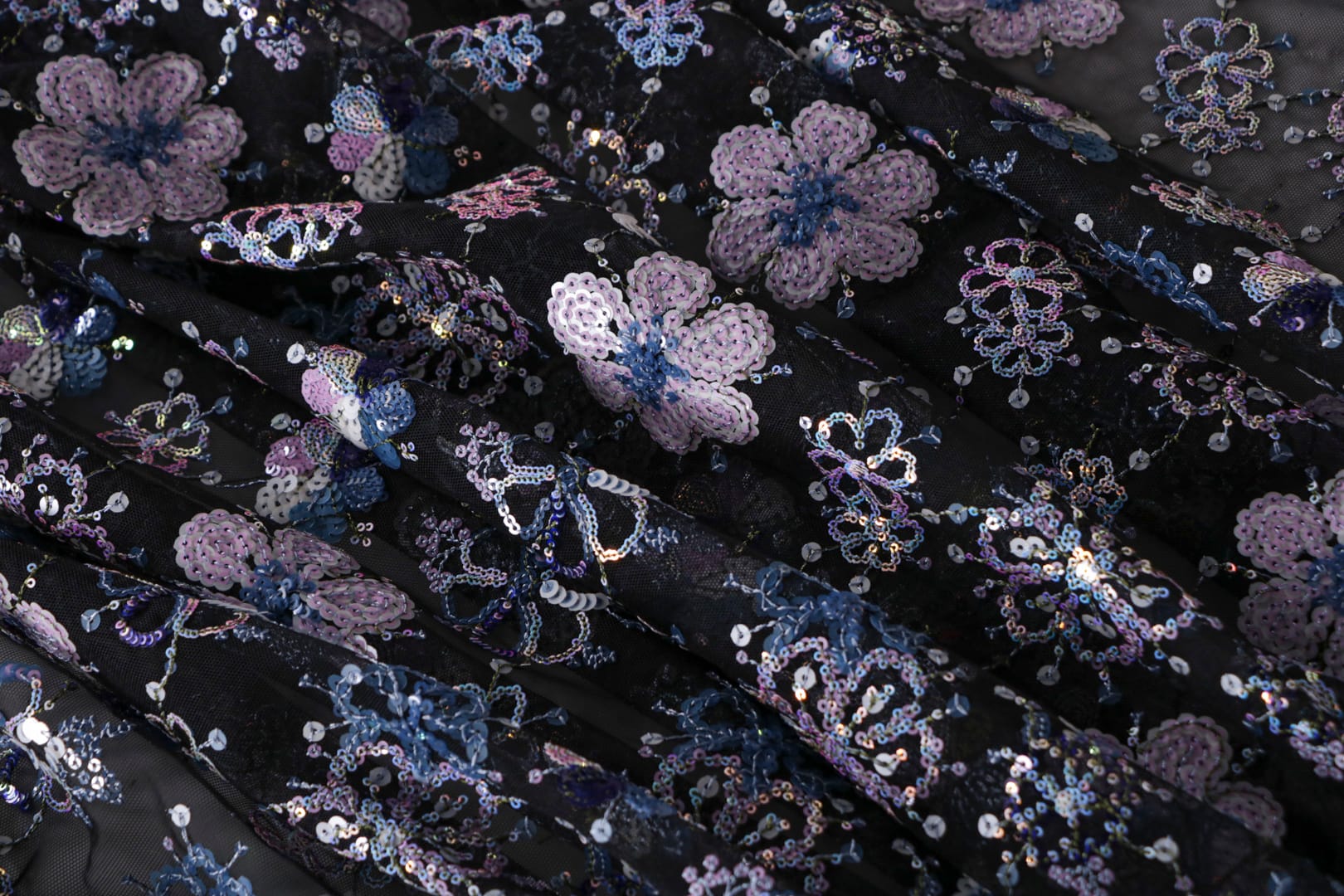 Black, Blue, Pink Polyester Sequins fabric for dressmaking