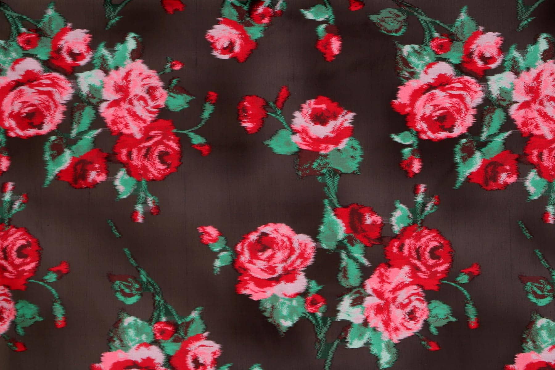 Silk blend floral organza jacquard fabric, featuring red roses on a black background | new tess