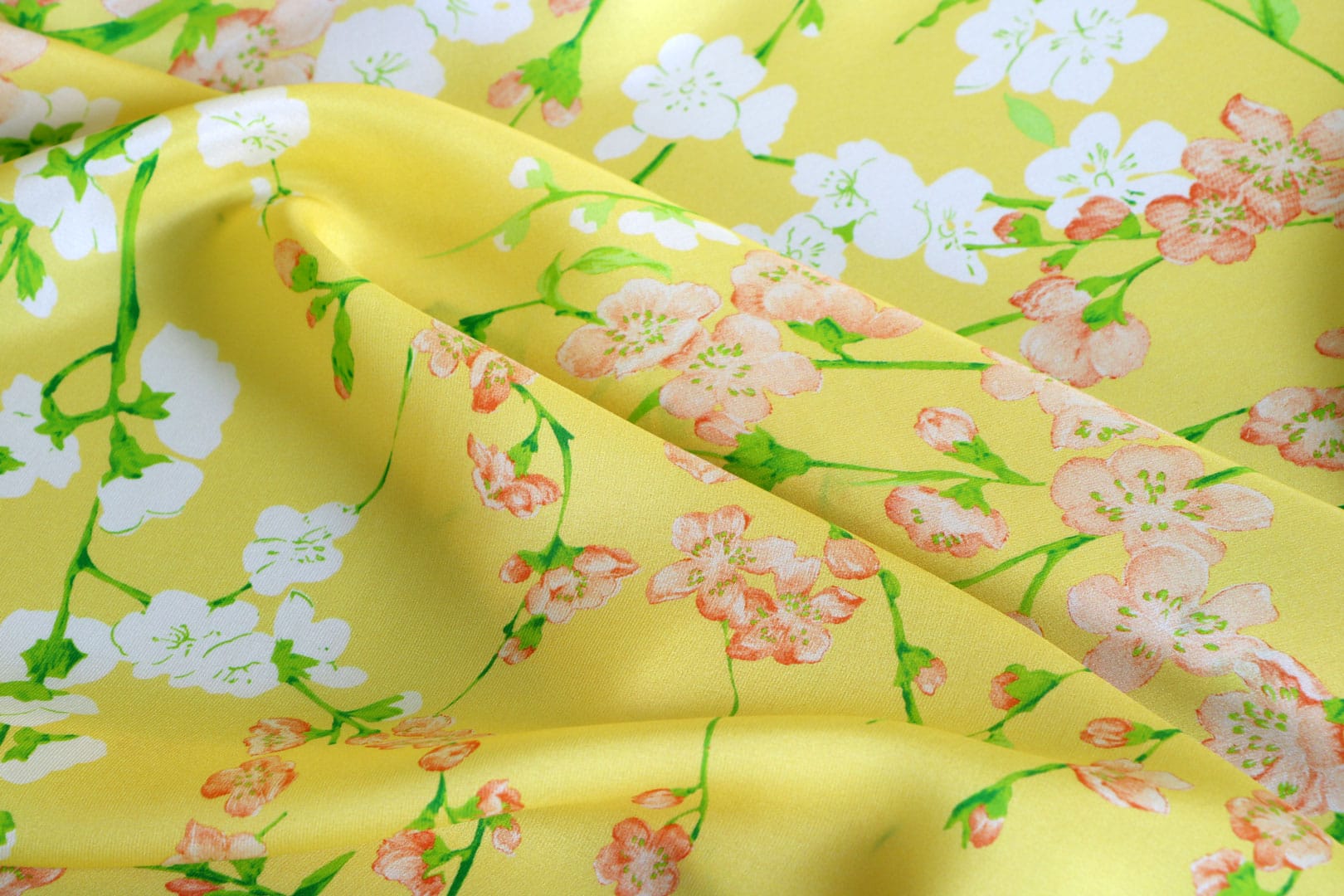 Yellow floral crepe satin fabric | new tess