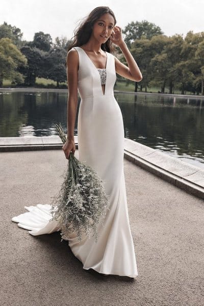 Crepe-Back Satin Gown with Encrusted Bandeau white by Vera Wang