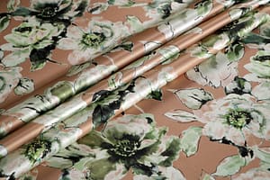 Beige, Green Silk Crêpe Satin fabric for dressmaking