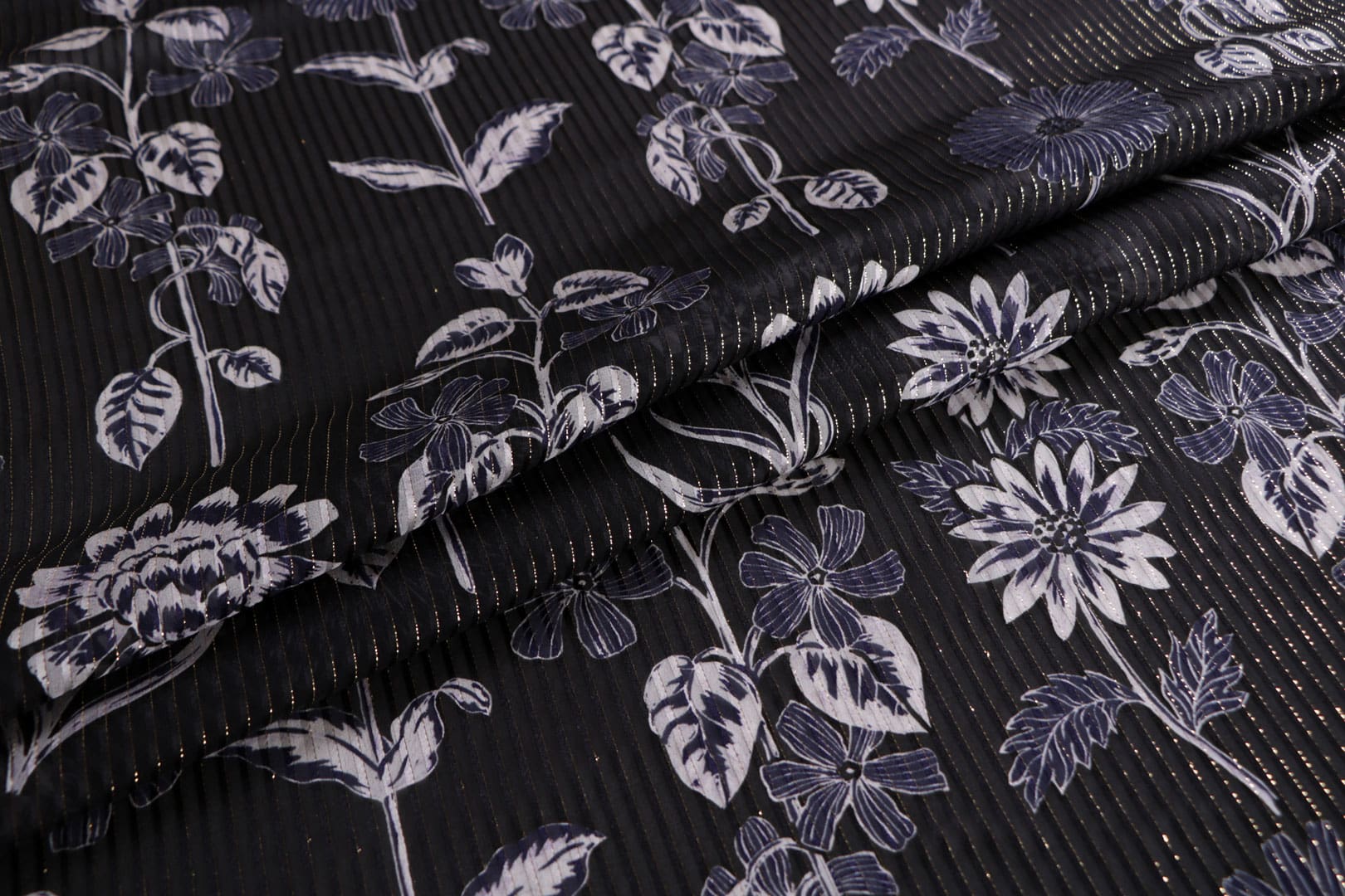 Black, Blue, White Silk fabric for dressmaking