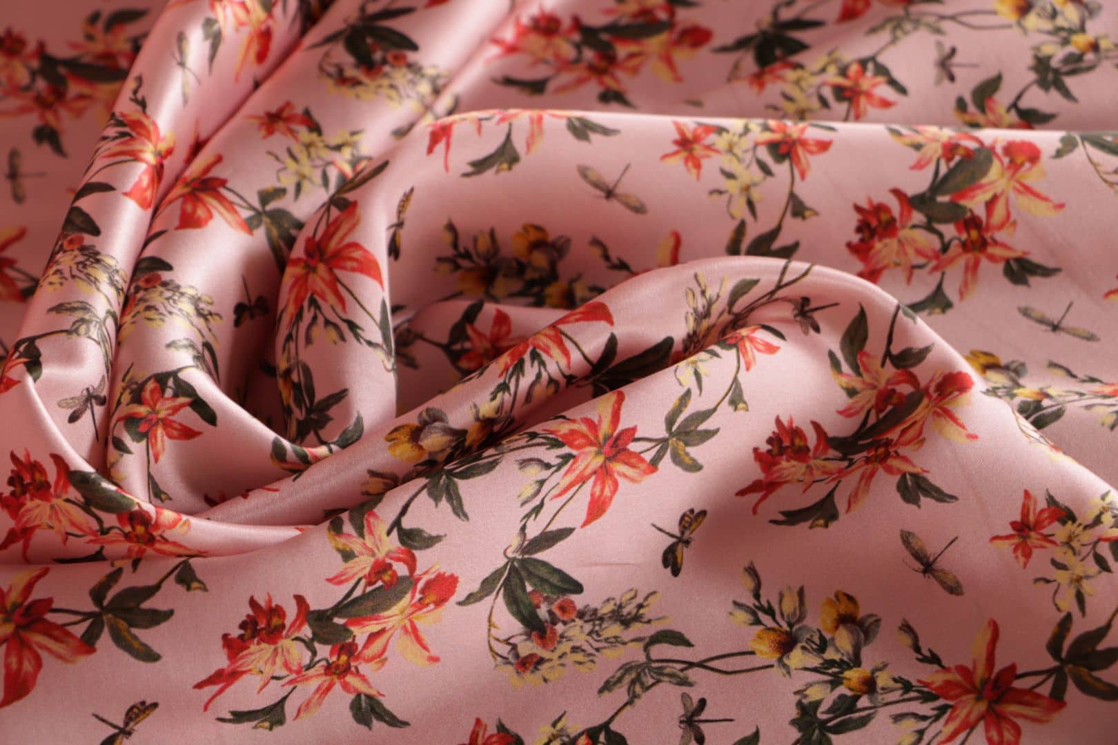 Orange, Pink Silk Crêpe Satin fabric for dressmaking