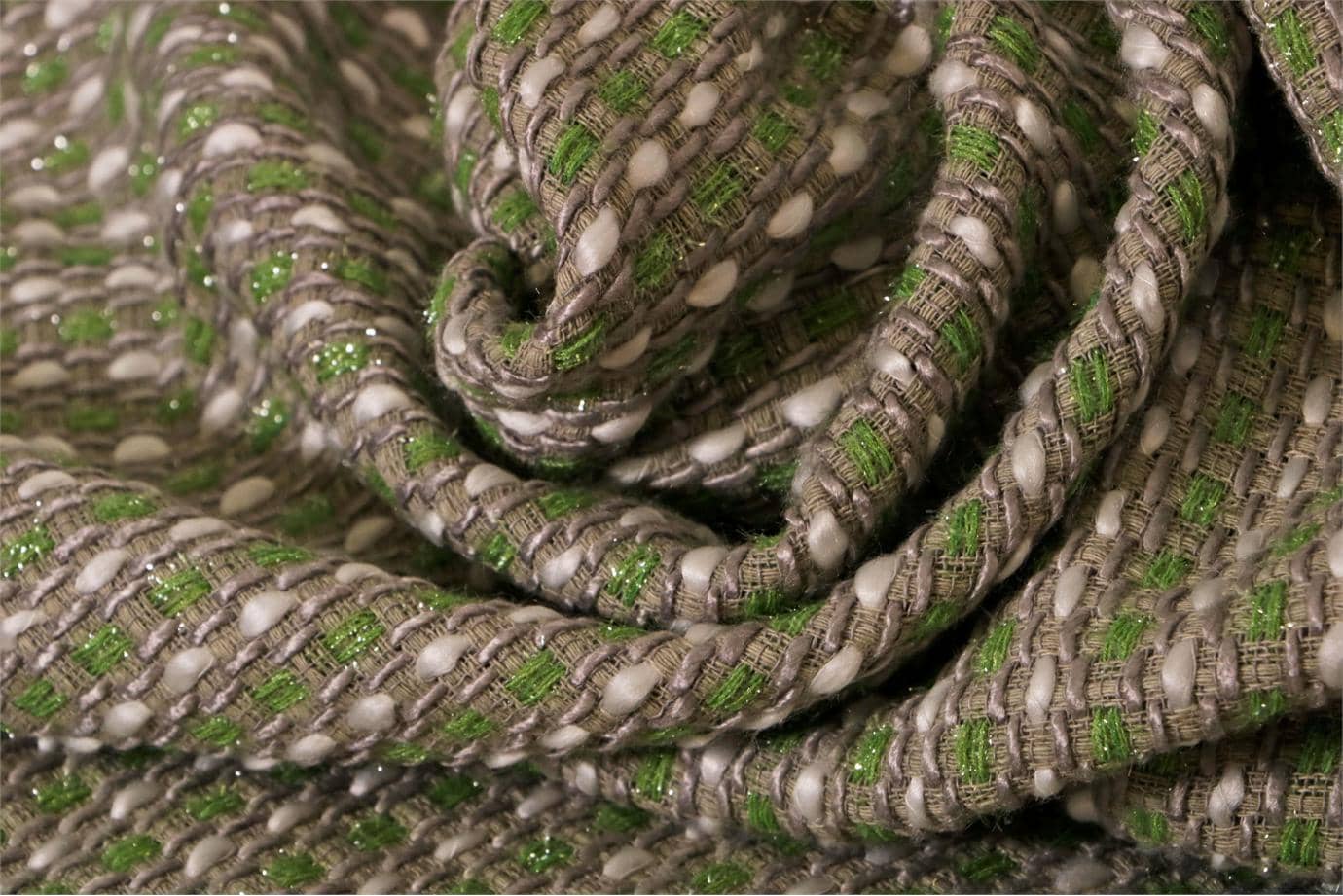 Gray, Green, White Silk, Cotton and Viscose Weaved Fabric - Intreccio 001