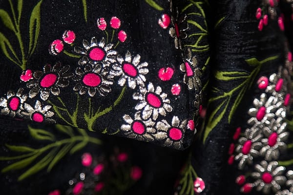 Black, silver and fuchsia floral brocade fabric | new tess
