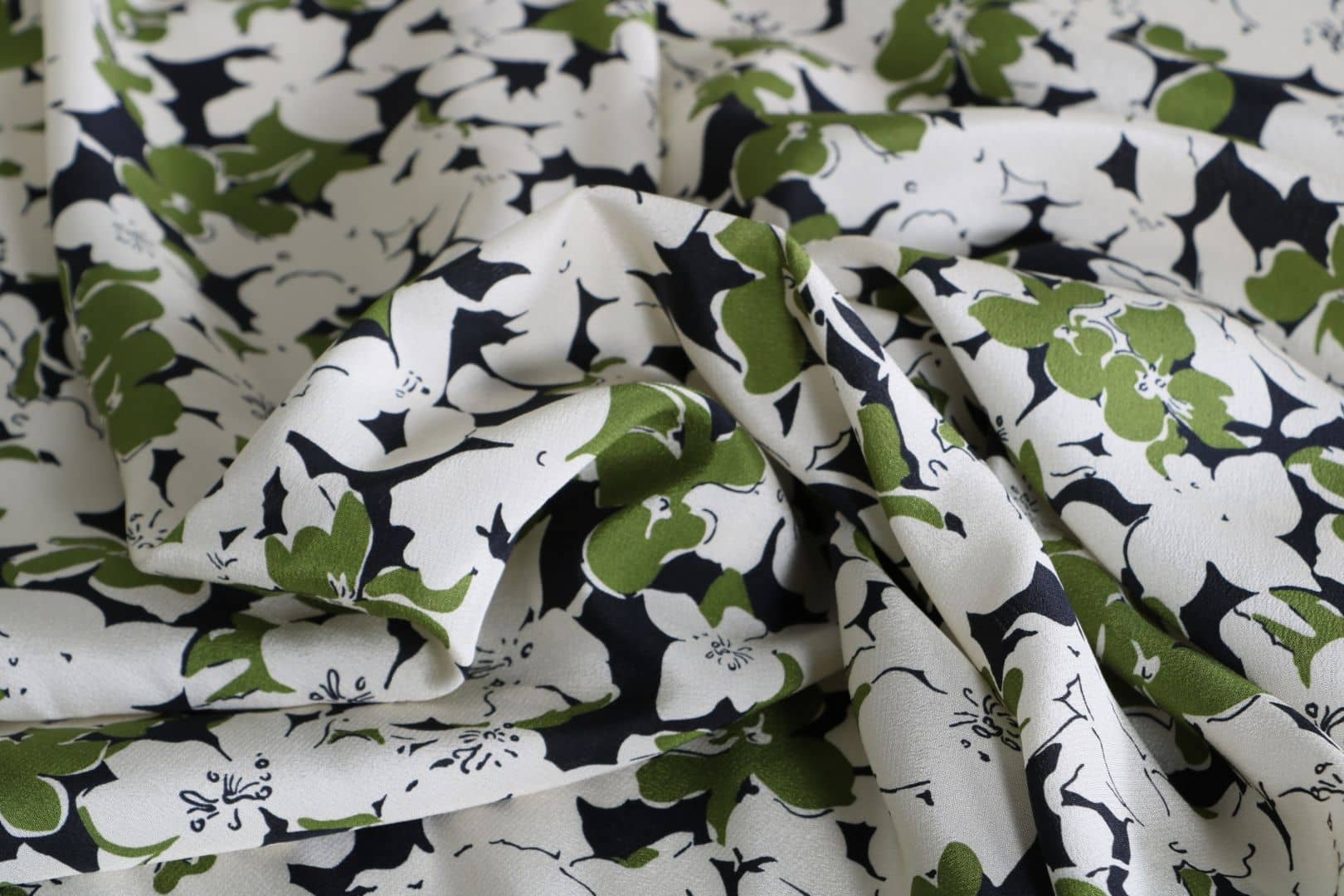 Black, Green, White Silk Crêpe de Chine fabric for dressmaking