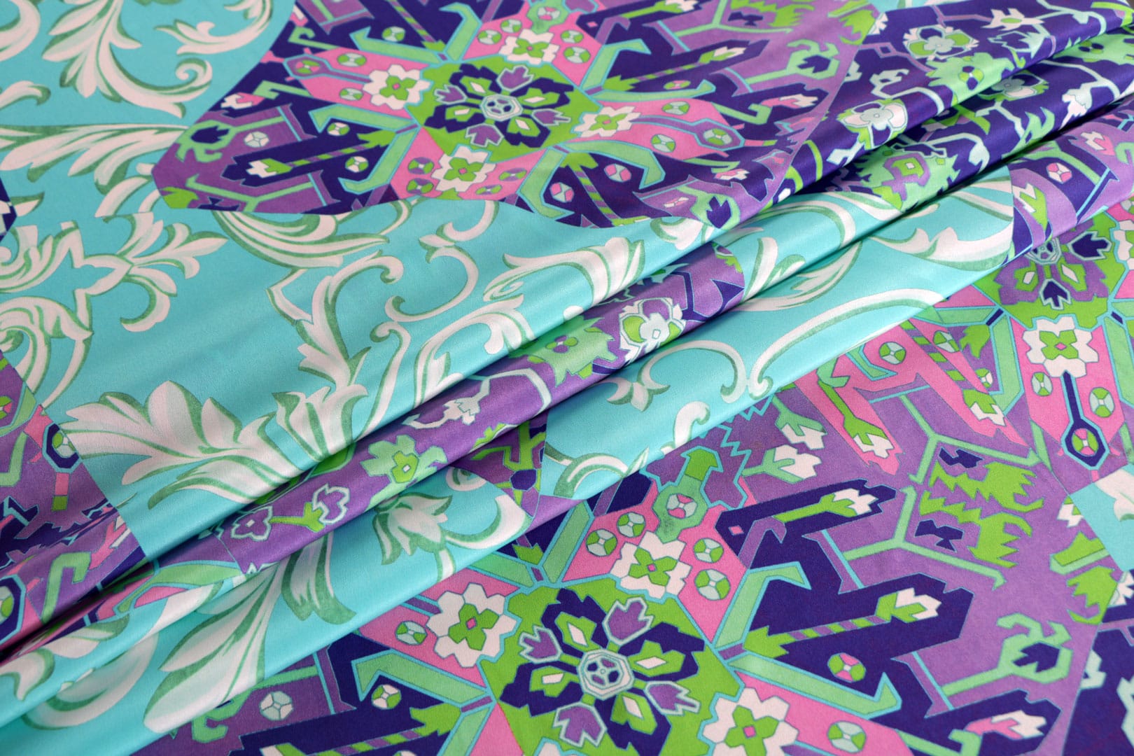 Blue, Multicolor, Purple Silk Crêpe de Chine fabric for dressmaking