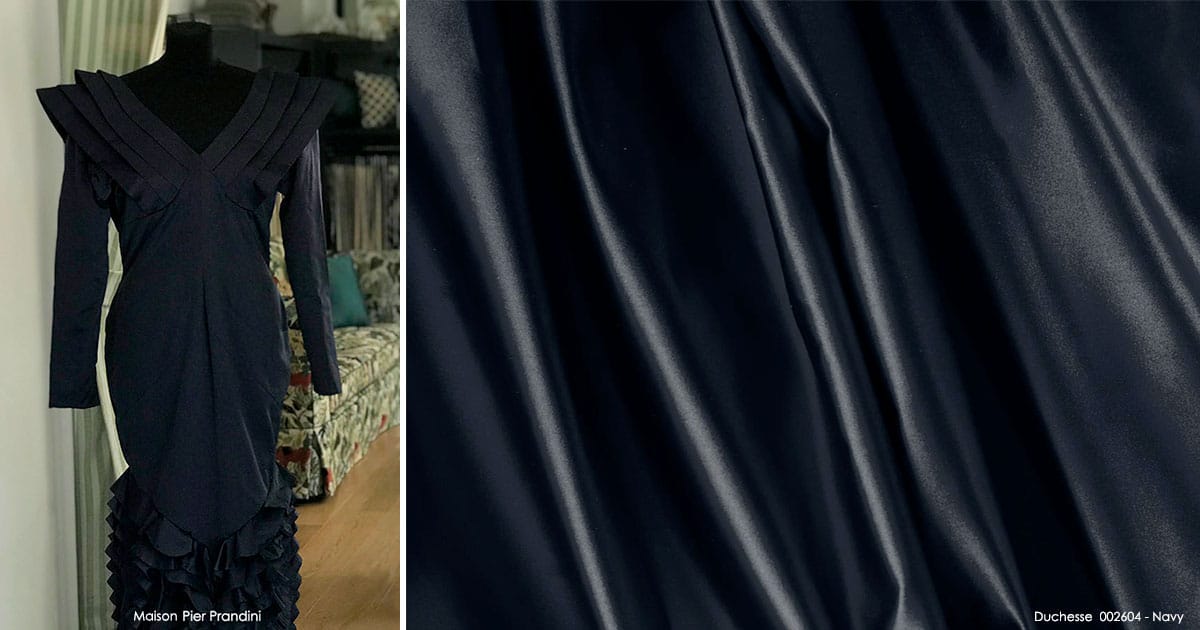 Evening gown fabric in silk duchesse blue navy | new tess