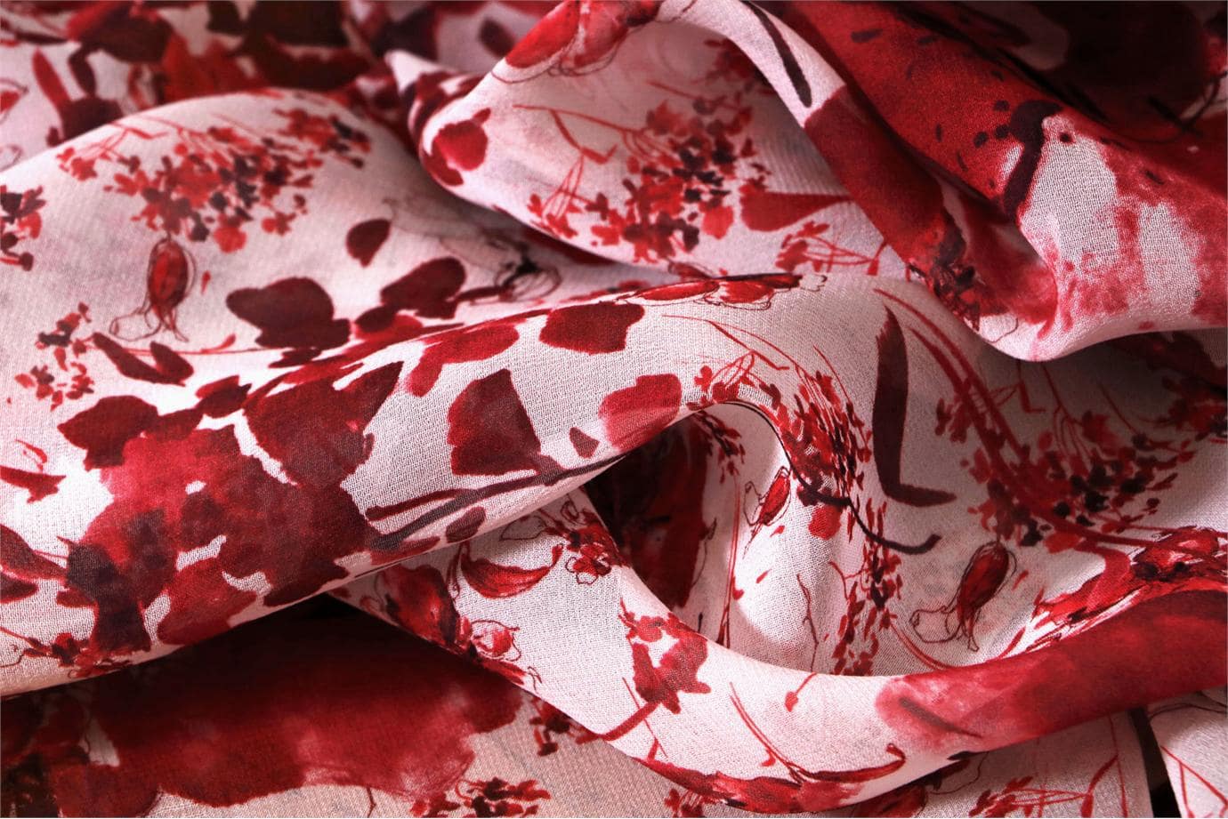 Red, White Silk Flower Fabric - Georgette Fiori Acquarel K12800