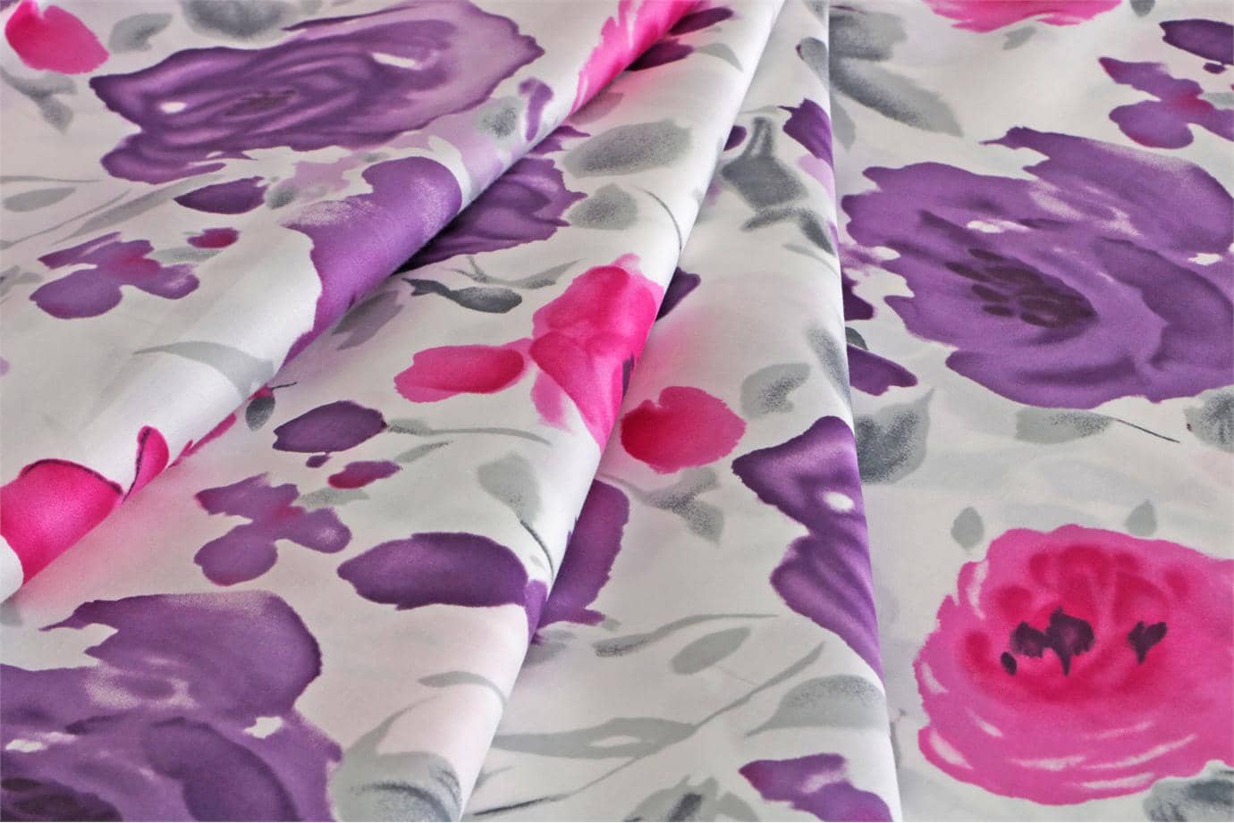 Fuxia, Multicolor, Purple, White Cotton Sateen Floral Fabric