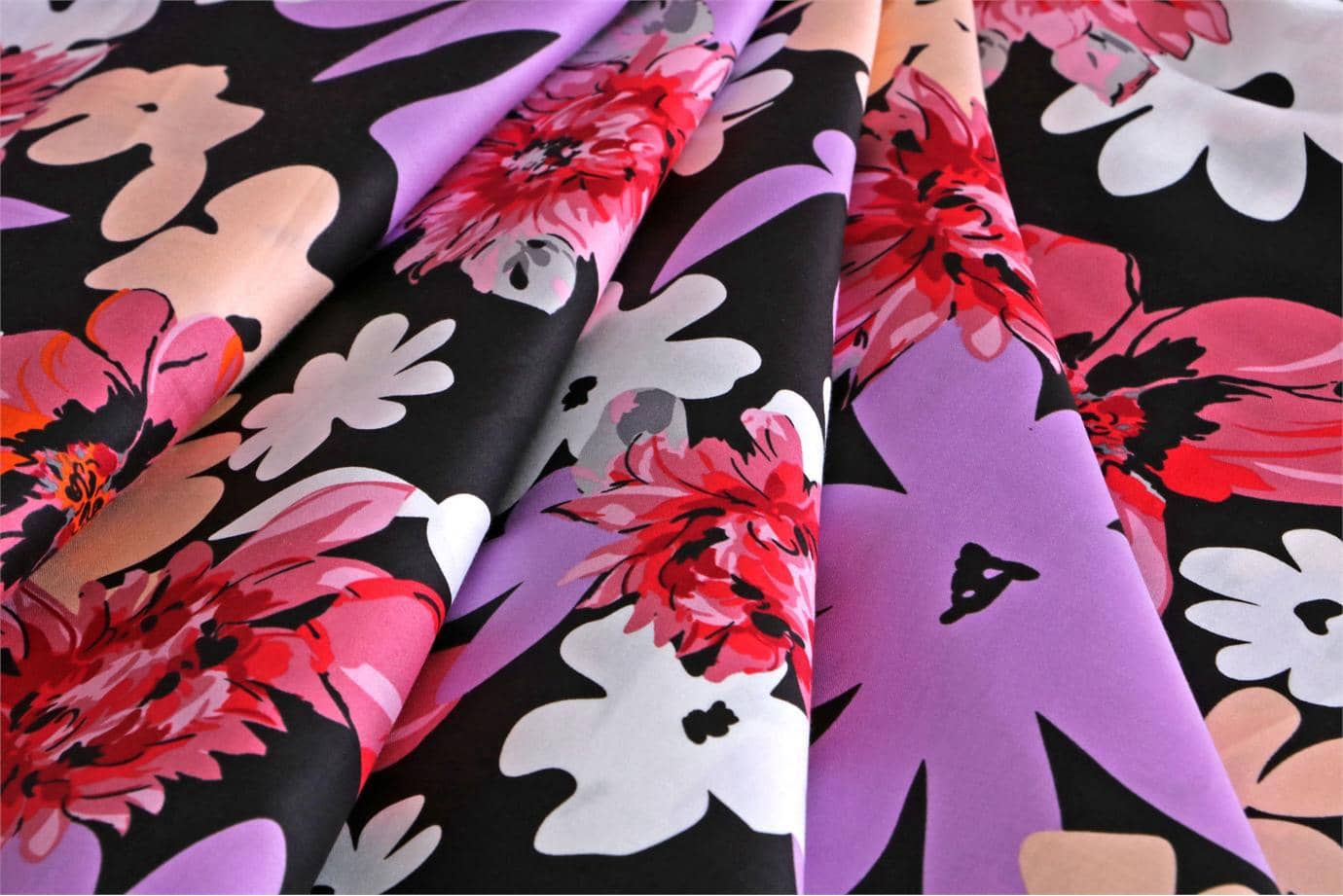 Black, Multicolor, Pink, Red Cotton Sateen Floral Fabric