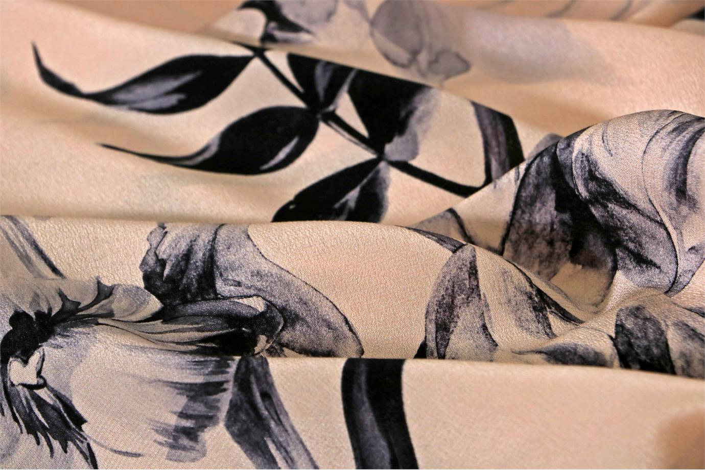Gray, Pink Silk Flower Fabric - Crepe Se Fiori K00801
