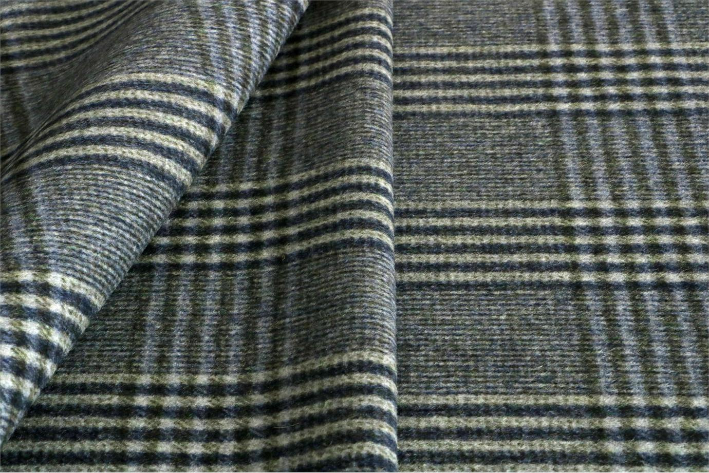 Gray, Green Tartan Wool Coating Fabric - Quadrettato 000802