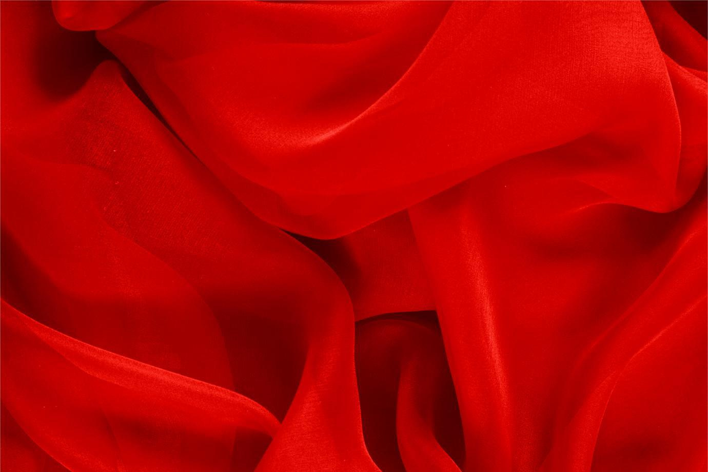 Tessuto Chiffon Rosso Fuoco in Seta per Abbigliamento UN000512