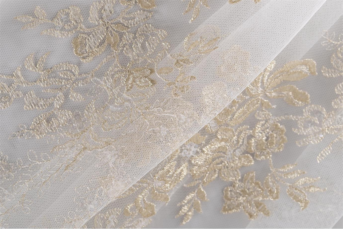 slim fit dress slacks Colorful Embroidery Botanic Motif Lace Fabric Nude Tulle