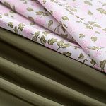 Pink and green floral brocade and moss green silk faille fabric | new tess