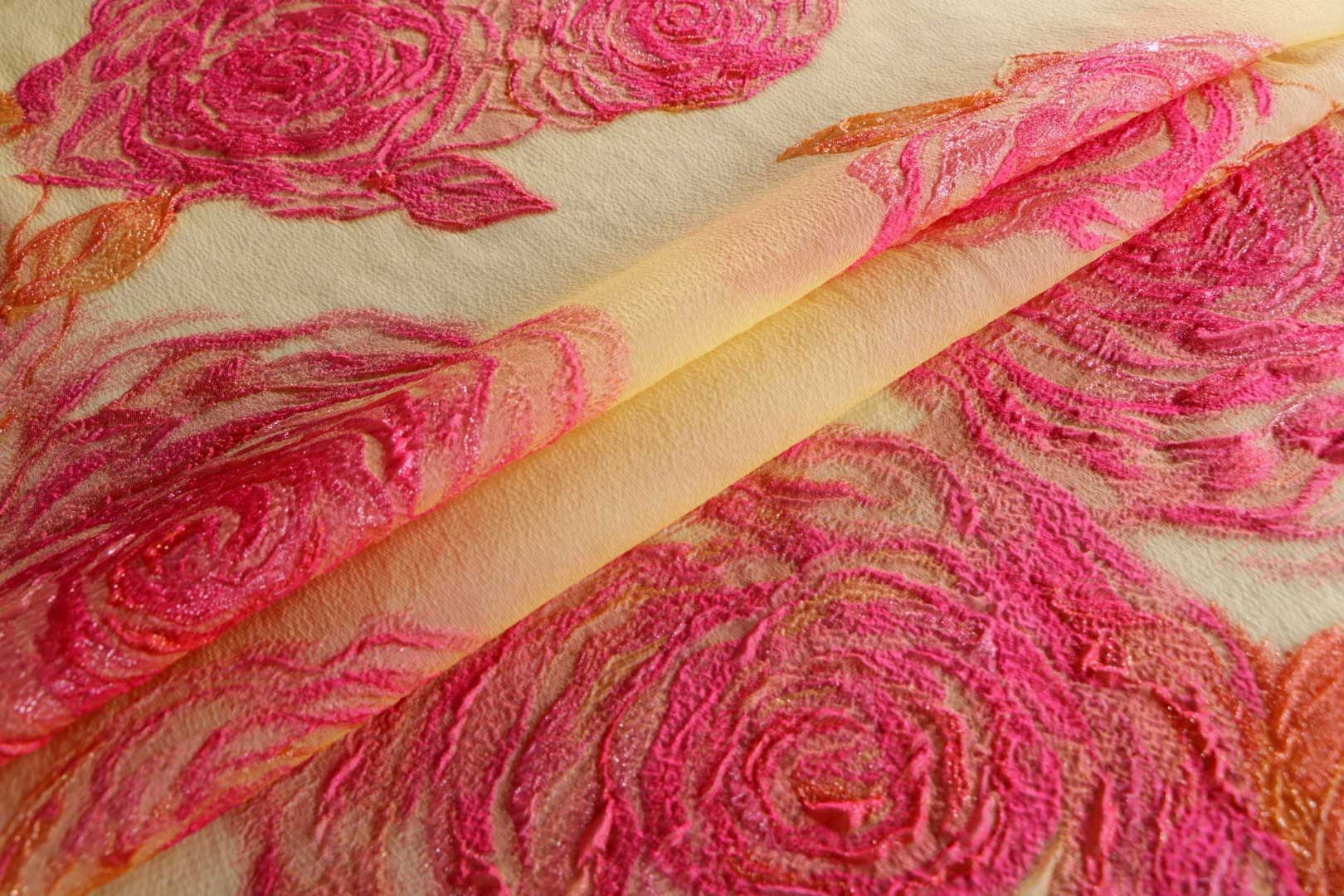 Fuxia, Pink, Yellow Polyester, Silk Apparel Fabric UN001373