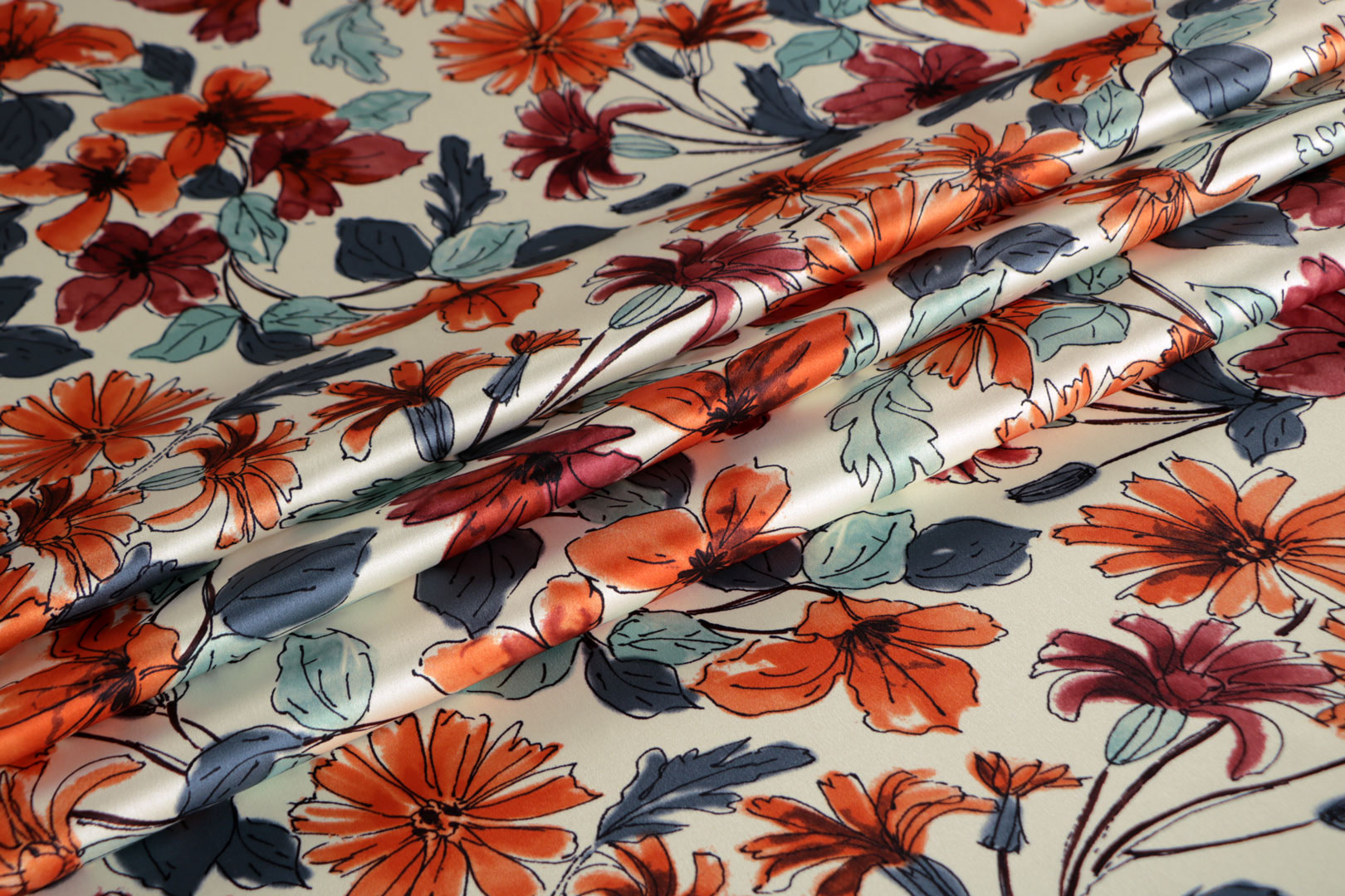Brown, Orange, White Silk Crêpe Satin Apparel Fabric ST000620