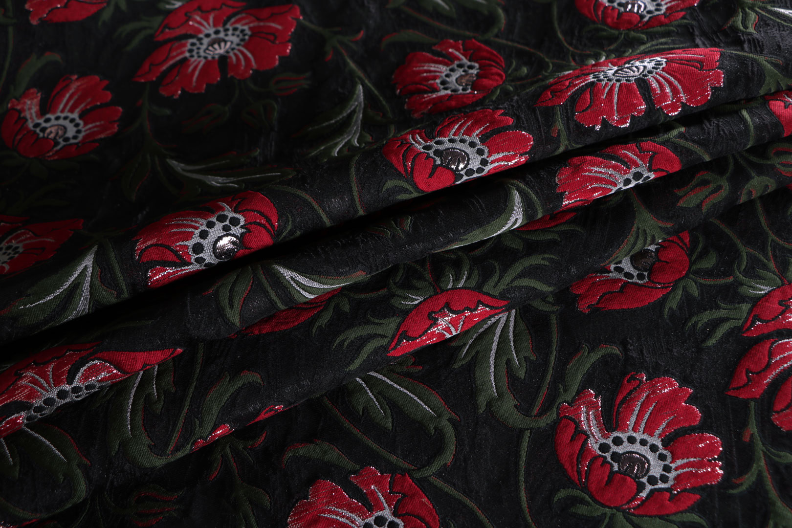 Black, Green, Red Polyester, Silk Apparel Fabric TC000936