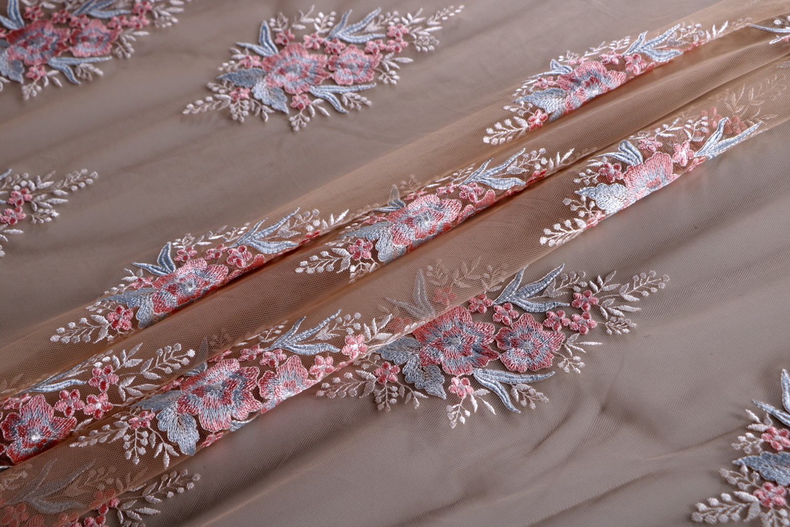 Beige, Blue, Pink Polyester fabric for dressmaking