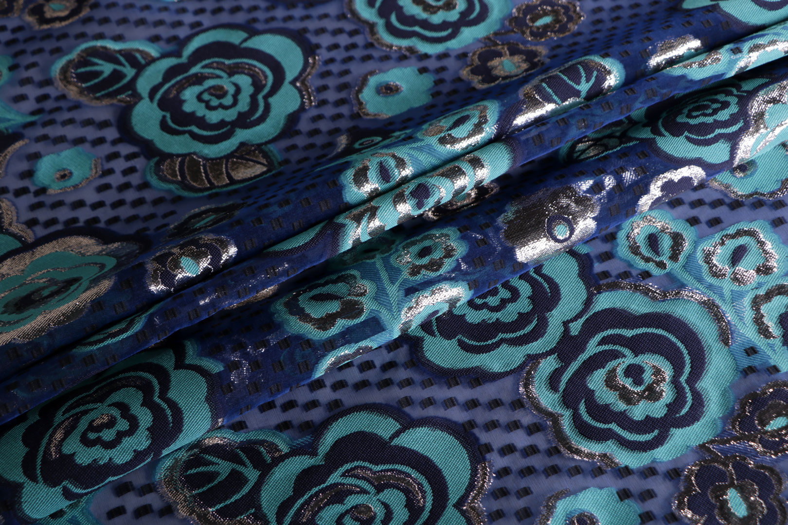Blue, Silver Polyester, Silk Organza Apparel Fabric UN001347