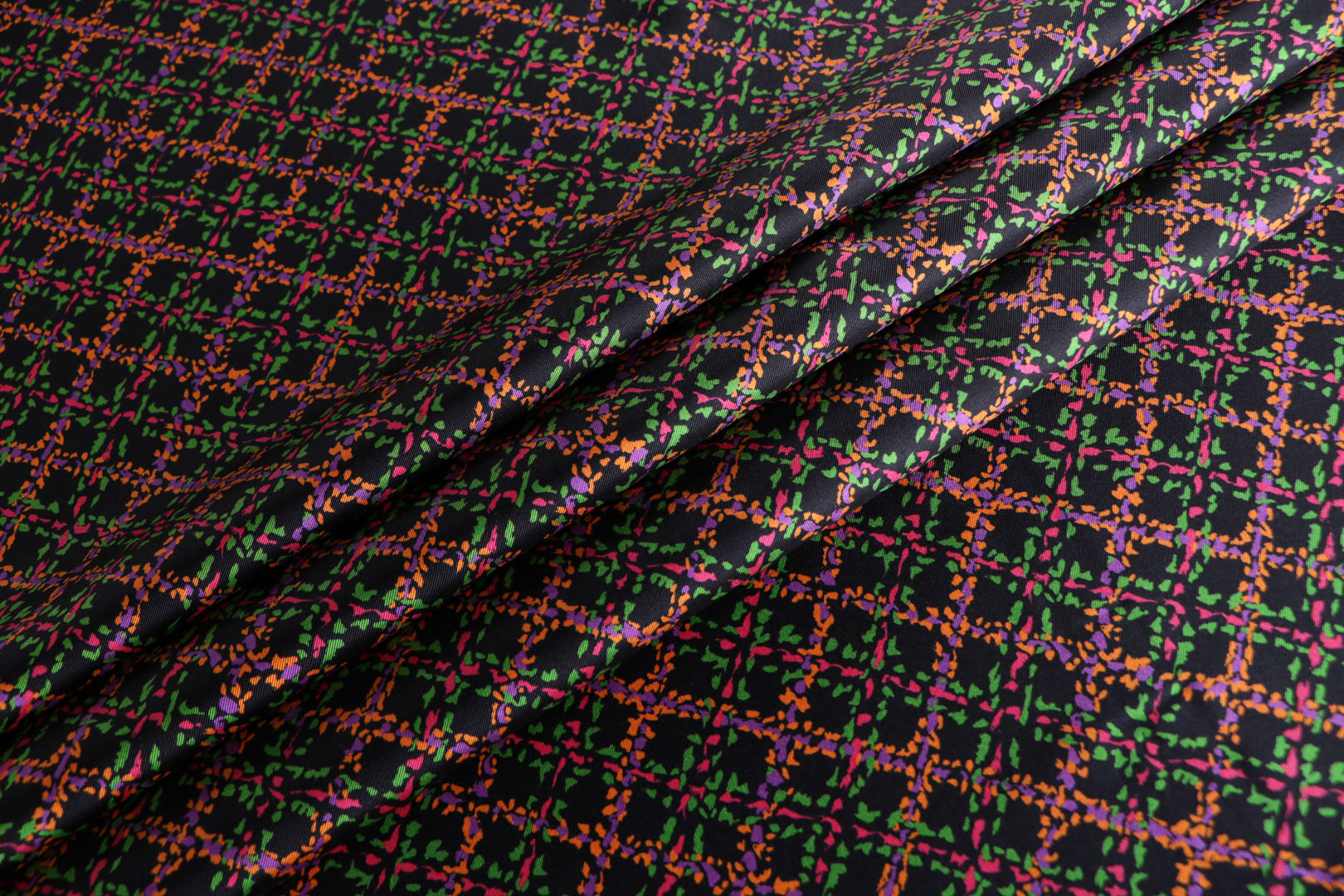 Black, Fuxia, Green, Orange Silk Twill Apparel Fabric
