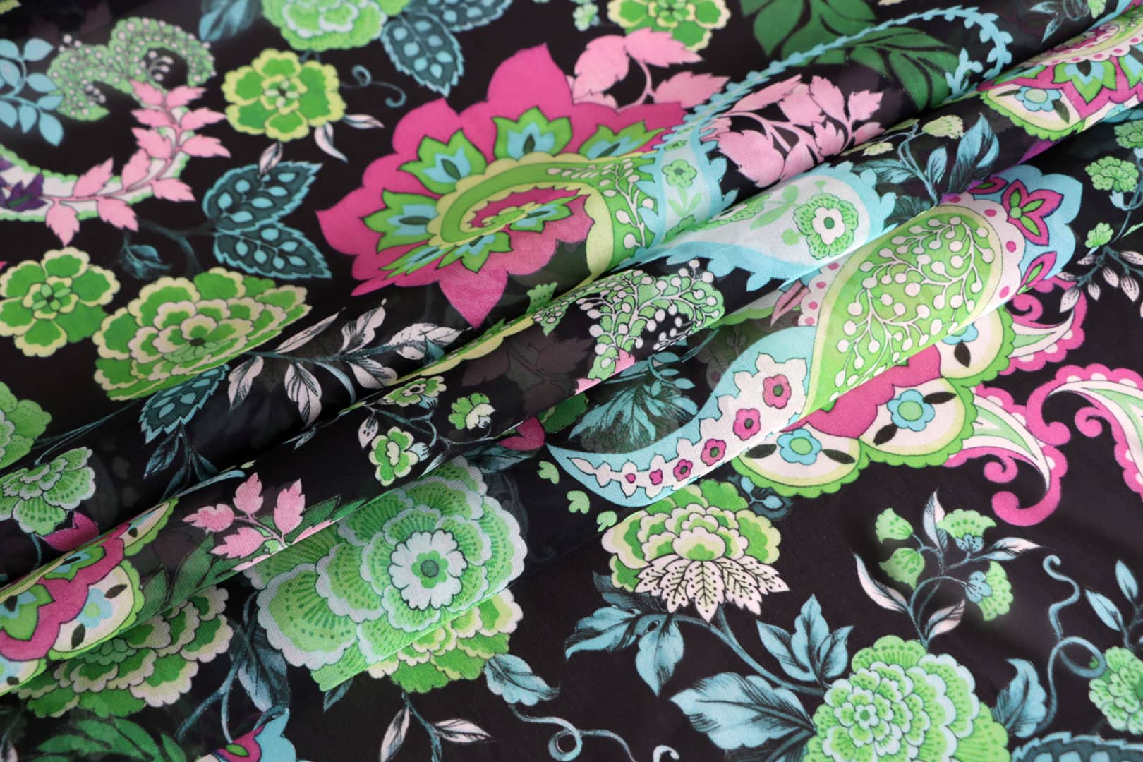 Black, Green Silk Georgette fabric for dressmaking