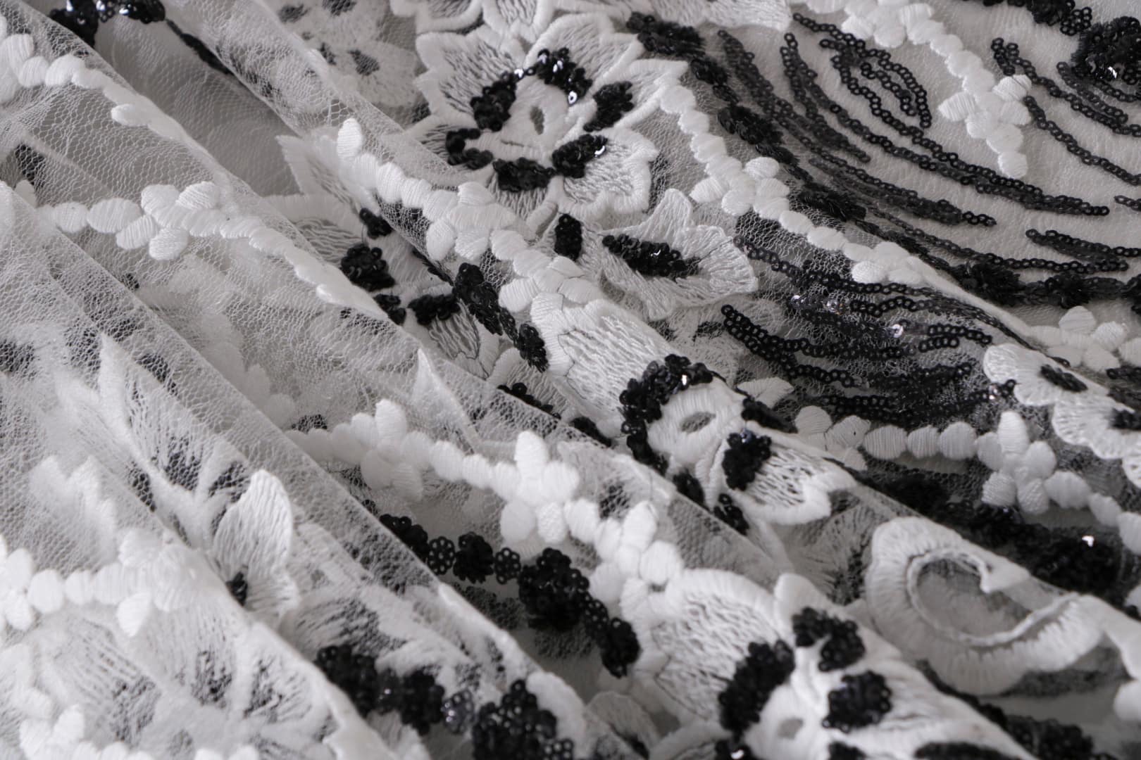 Black, White Polyester Sequins fabric for dressmaking