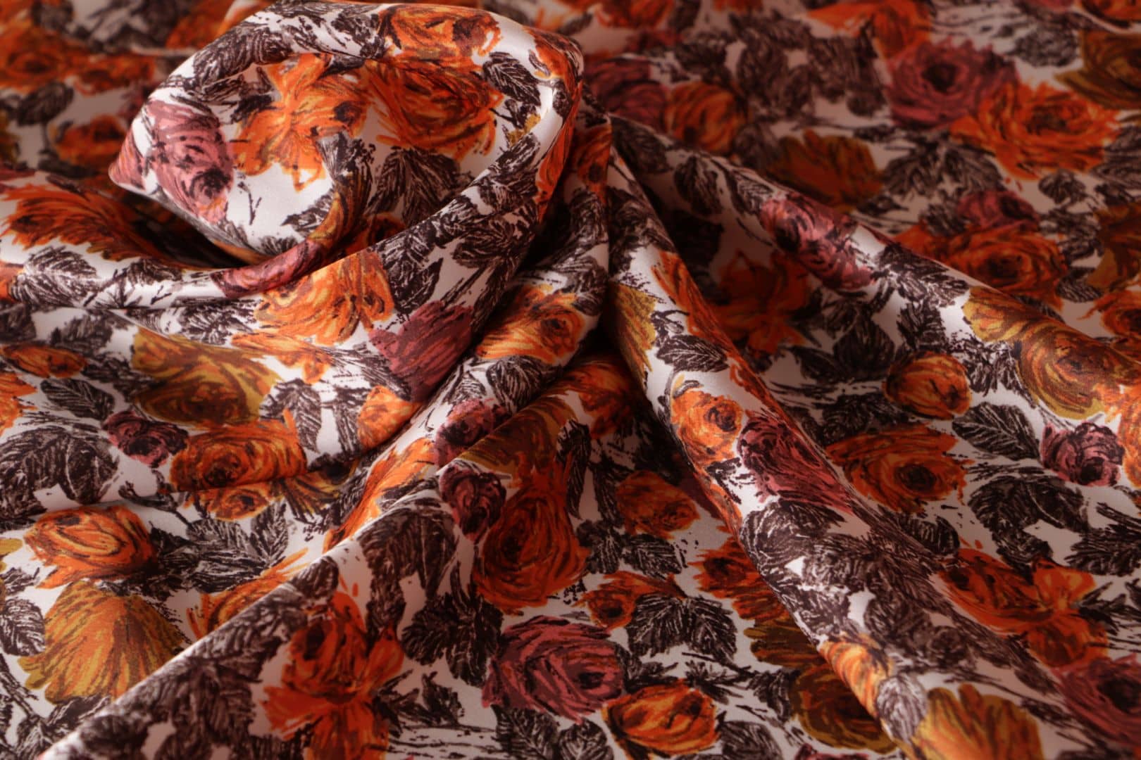 Green, Orange Silk Crêpe Satin fabric for dressmaking