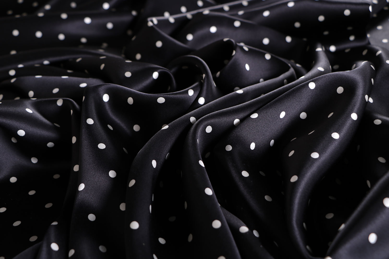 Black, White Silk Satin Polka Dot Fabric - Raso Se Omnibus Pois 201901