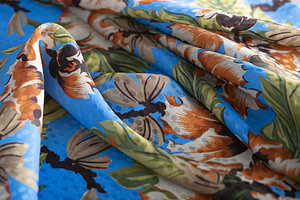 Blue, Orange Silk, Viscose fabric for dressmaking