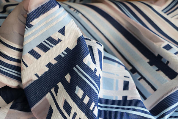 Blue and white silk blend organza geometric fabric
