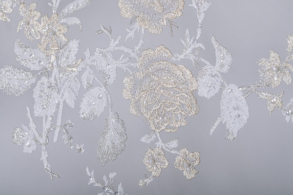 White and gold embroidered tulle | new tess bridal fabrics