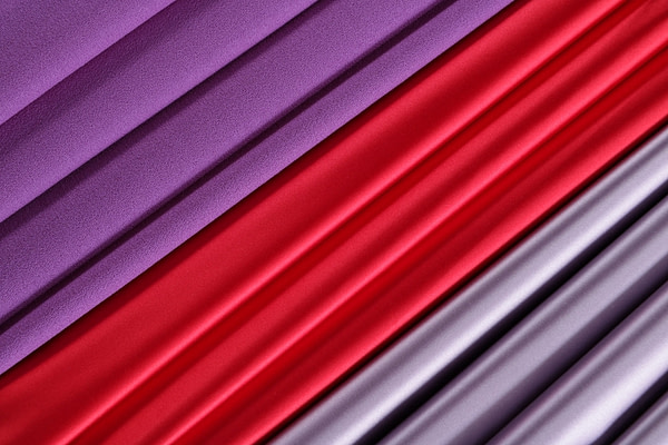 Purple wool crepe fabric, red and lilac silk duchesse fabric | new tess