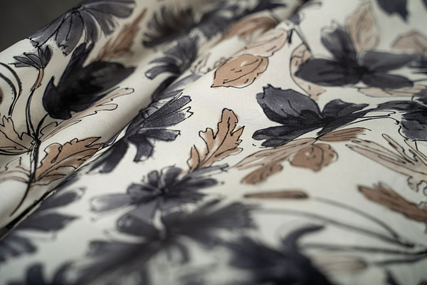 Grey and brown floral silk satin fabric | new tess