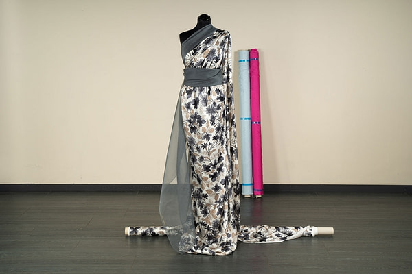 Grey and brown floral silk satin fabric | new tess