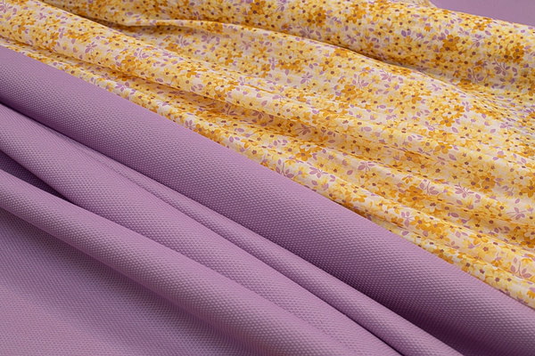 Floral cotton barré fabric paired with lilac stretch cotton piqué fabric | new tess