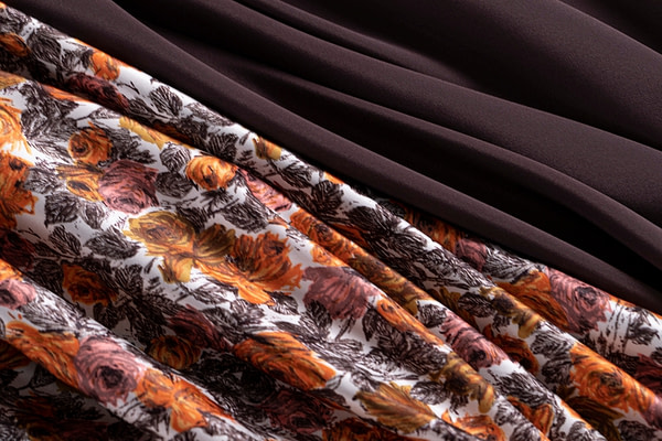 Orange and brown floral silk satin fabric | new tess