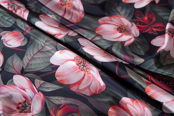 Black, Red Silk Crêpe de Chine fabric for dressmaking